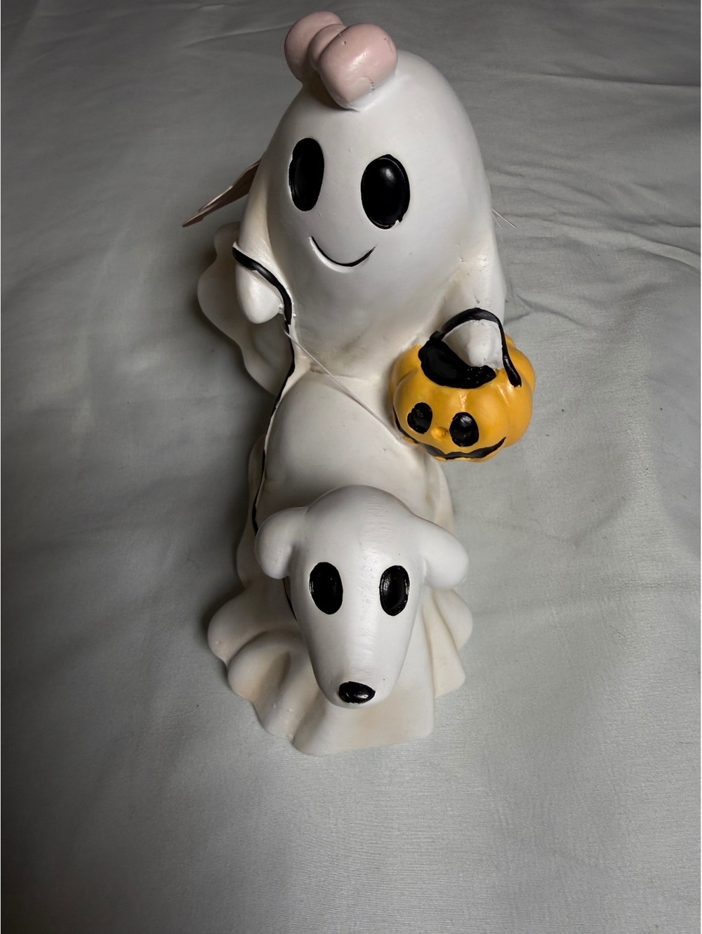 Ghost and Dog Halloween Figurine with Pumpkin and Pink Bow